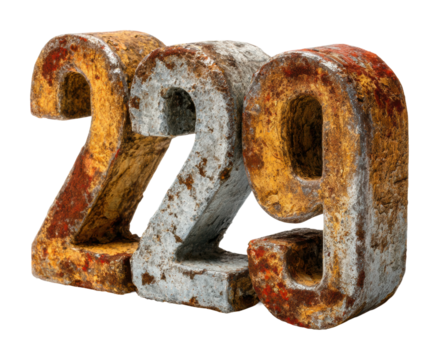 Rusty metal numbers 229 displayed on industrial textural focus isolated on transparent background
