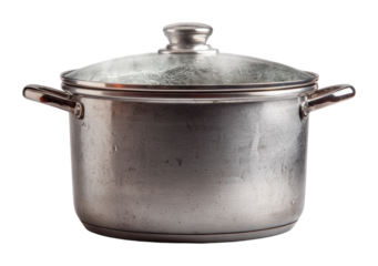 Cooking action stainless steel pot in kitchen food preparation environment view isolated on transparent background
