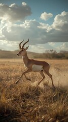 Fototapeta premium A pronghorn antelope with a brown coat and white underbelly, running at high speed with its long legs outstretched, across dry grassy plains with tall golden grasses swaying in the wind, under warm go