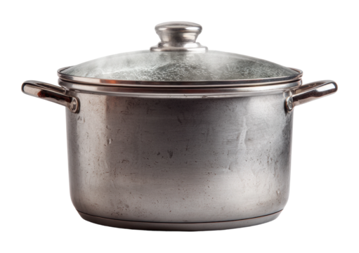 Cooking action stainless steel pot in kitchen food preparation environment view isolated on transparent background