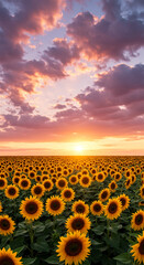広大なひまわり畑と美しい夕焼け空の夏風景

