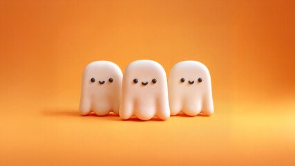 Cute illustration of three smiling ghosts on an orange background, perfect for Halloween or fun seasonal greeting cards and wallpapers.
