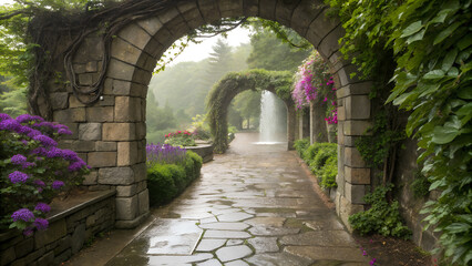 Obraz premium Secret Walled Garden Path Arching Waterfall
