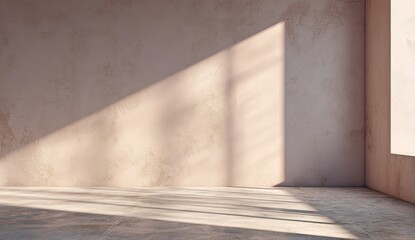 Empty room with pale peach walls and sunlight