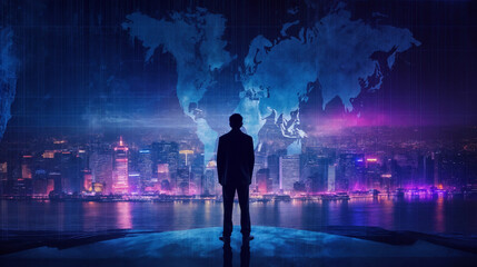 Captivating silhouette of a figure overlooking a global cityscape, symbolizing shadow business and globalization dynamics. Perfect for themes of international finance and intrigue.