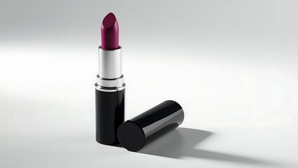 Elegant burgundy lipstick in a sleek black and silver case.