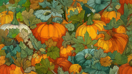 Vibrant Thanksgiving or harvest-themed illustration showcasing an array of pumpkins surrounded by lush greenery, ideal for holiday cards, wallpapers, and festive decorations.