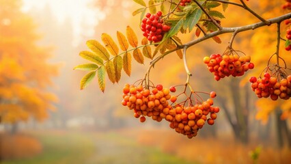 Fototapeta premium Twisted rowan branch with vibrant orange berries suspended against a backdrop of golden autumn leaves and soft morning fog , autumn foliage, seasonal change