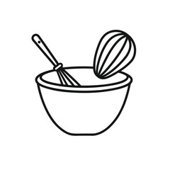 Line art illustration: Whisk and mixing bowl, baking, kitchen utensil, simple design, minimalist style, clean aesthetic.