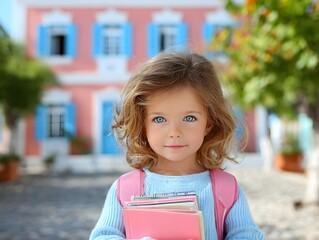 A cute young girl with a pink backpack and books stands in front of a colorful school building today.