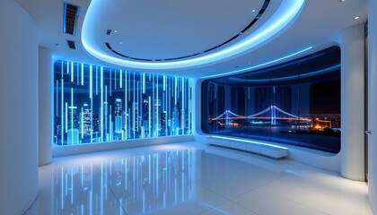 Futuristic Interior with Cityscape View Night