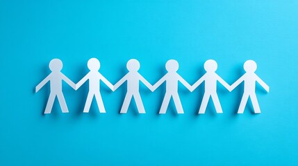 Symbolic unity: Paper cutouts of people holding hands on a blue backdrop