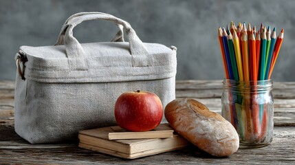A lunch bag, , bread, and colored pencils suggest a student's back to school necessities on a wooden desk.