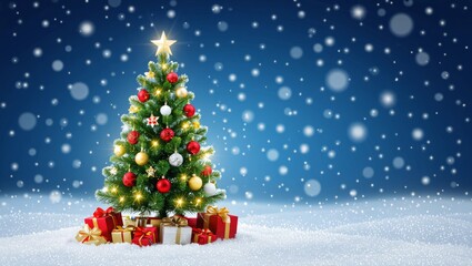 Obraz premium Magical Christmas tree adorned with festive ornaments and gifts nestled in sparkling snow under a starry night sky