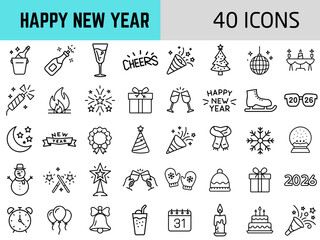Icon set celebrating New Year with festive symbols and decorations  