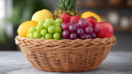 A woven basket filled with fresh red grapes green grapes strawberries apples lemons and pineapple