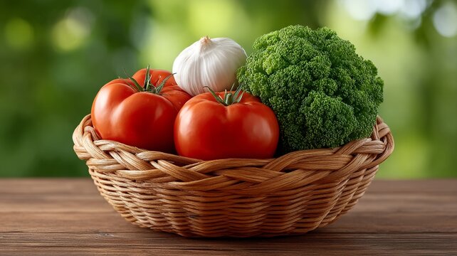 Wicker basket filled with ripe tomatoes garlic bulb and fresh broccoli against a blurred green background