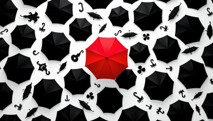 Red Umbrella Amongst Black and White Silhouettes