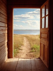 Open door revealing a scenic nature view, Open door to nature path, countryside open door view, rustic open door landscape photography
