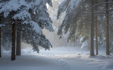 Snow covered pine trees and a path through a winter forest with soft sunlight Keywords: winter, forest, snow, pine trees, path, nature, landscape, season, cold, trees, white, outdoors, scenery