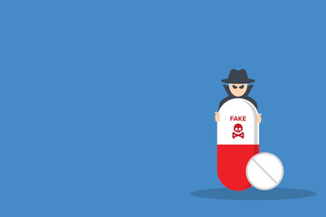 Fake medicine. Pill and tablet with criminal selling illegal drugs. Fake drugs, pharmaceutical. Symbolic for harmful counterfeit pills, risk and danger of illegal produced and sold pharmaceuticals.