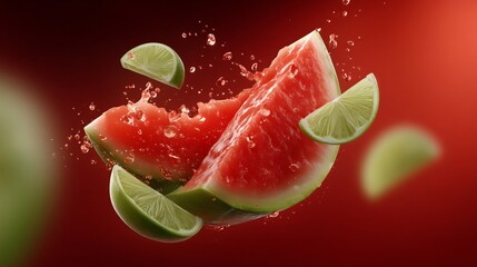 Vibrant watermelon slices and lime wedges levitating against a bold red backdrop