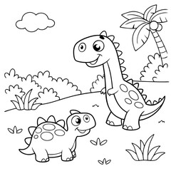 kids coloring page, dinosaurs, cartoonish, friendly, thick outlines,black and white coloring pages Illustration
