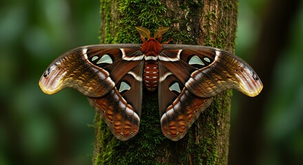 Tlas moth resting on a mossy tree trunk in a tropical forest