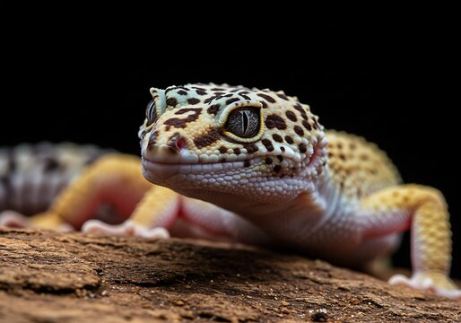 Leopard gecko resting on a log with a dark background, close-up