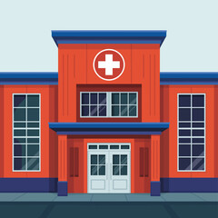 Obraz premium Modern red hospital building with white cross emblem
