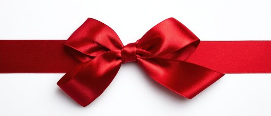 The vibrant red satin bow delicately arranged on a smooth ribbon.