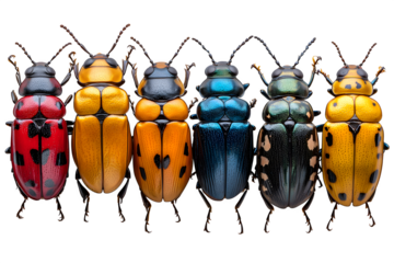 Composition of colorful leaf beetles, Chrysomelinae species, isolated on white background