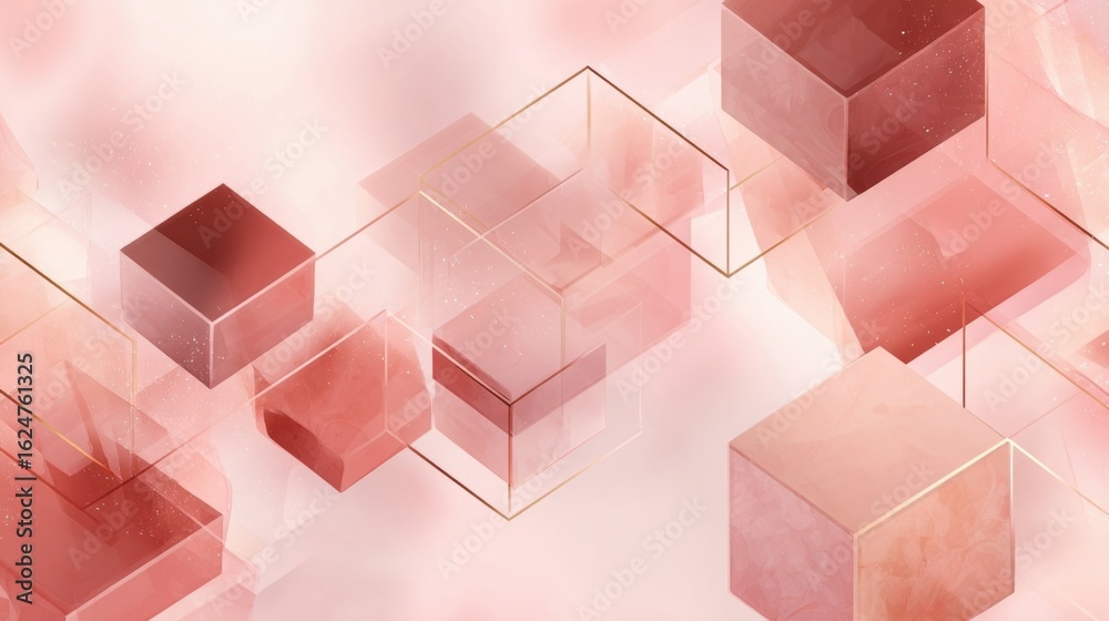 Sticker abstract geometric background with pink cubes and soft textures