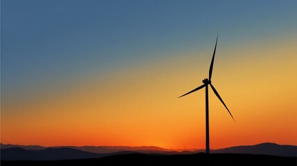Obraz premium Wind turbine silhouette at colorful sunset, energy transition landscape view