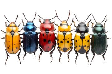 Composition of colorful leaf beetles, Chrysomelinae species, isolated on white background