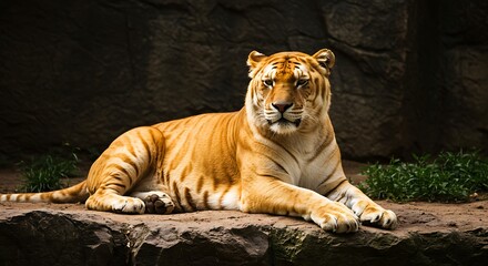 Golden tiger resting on a rock with dark background in a zoo