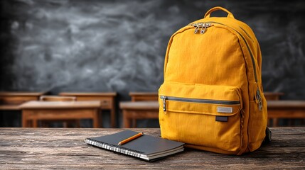 Yellow backpack and notebook rest on a wooden desk in front of an empty school classroom blackboard.