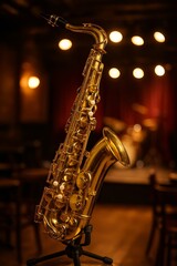 Obraz premium Golden saxophone stands illuminated by warm lights in a cozy jazz club. Ready for a performance on a dark background.