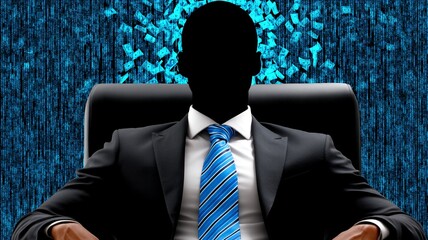 Anonymous businessman in suit sits in office chair with falling money and digital code background