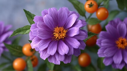 Close up of a vibrant purple dahlia flower with orange berries and green leaves