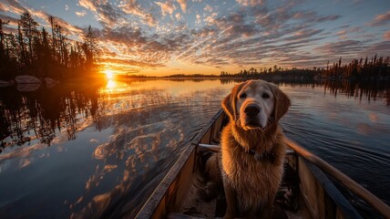 Golden retriever dog in a canoe on a calm lake at sunset with reflections