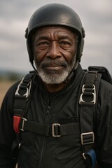 Naklejka premium A distinguished older man wearing a helmet and harness looks calmly at the camera. He exudes experience and adventure.