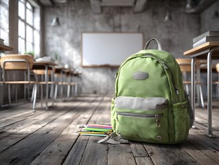 An old school classroom with a green backpack on the floor next to colored pencils in bright sunlight.
