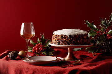 A Christmas cake sits on a table, surrounded by holly and a wine glass, against a red background. The food photography has a studio shot quality, with golden lighting creating a luxurious and elegant.