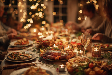 A festive Christmas dinner with the whole family, a beautifully decorated table filled with traditional dishes like roasted meat andvegetables, fish, or beef on golden plates, candles lights.
