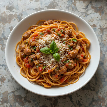 Spaghetti bolognese pasta with tomato sauce vegetables and minced meat