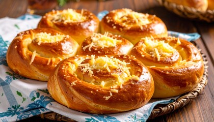 Savory Cheese Buns: A Delightful Treat for Any Time of Day, Golden Cheese Buns Displayed on a Blue Floral Patterned Napkin