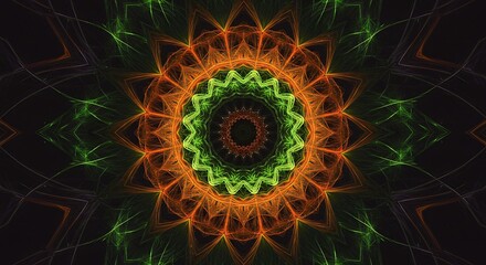 Fractal Kaleidoscope with Green and Orange Glowing Geometric Patterns