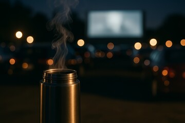 Steaming thermos at night, creating atmosphere. Bokeh lights and blurred screen highlight evening outdoor experience.