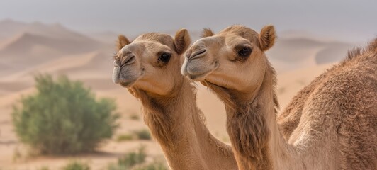 Obraz premium The charming camels gazing into the distance in a serene desert landscape.
